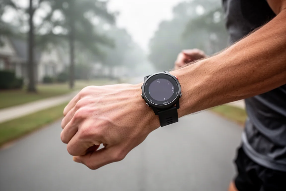 Runner checking a GPS sports watch on the wrist on a quiet suburban road