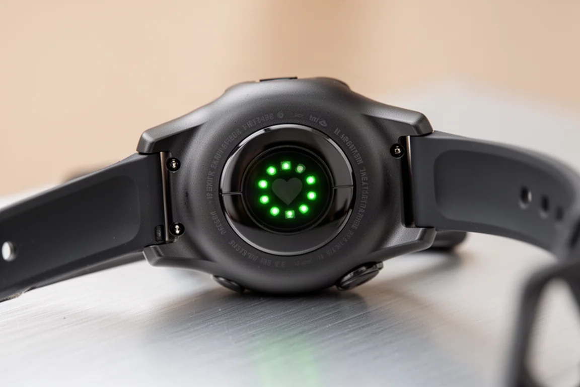 Optical heart rate sensor on the underside of a sports watch