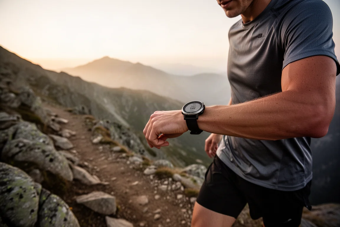 Trail runner checking training status on a watch during a mountain run
