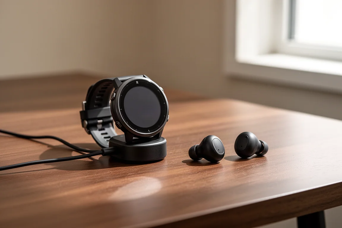 Sports watch on a charger beside wireless earbuds on a wooden desk