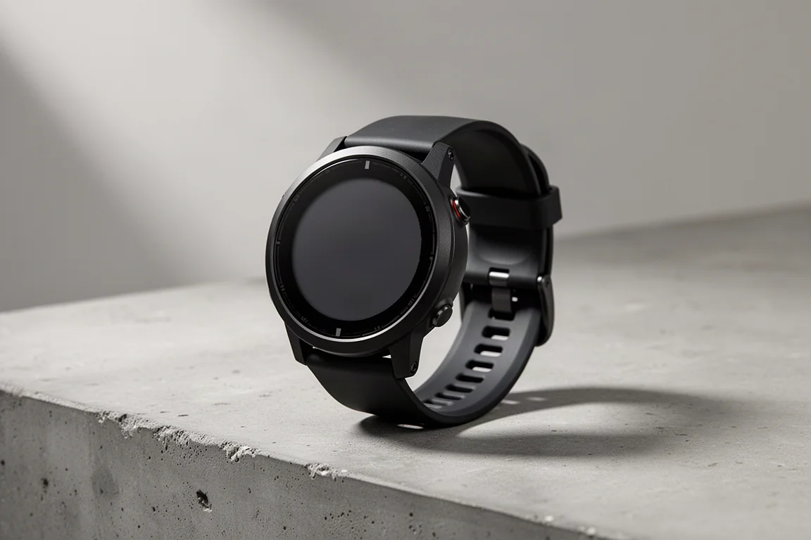 Garmin Forerunner 255 GPS-Sportuhr mit rundem dunklem Display auf Betonfläche