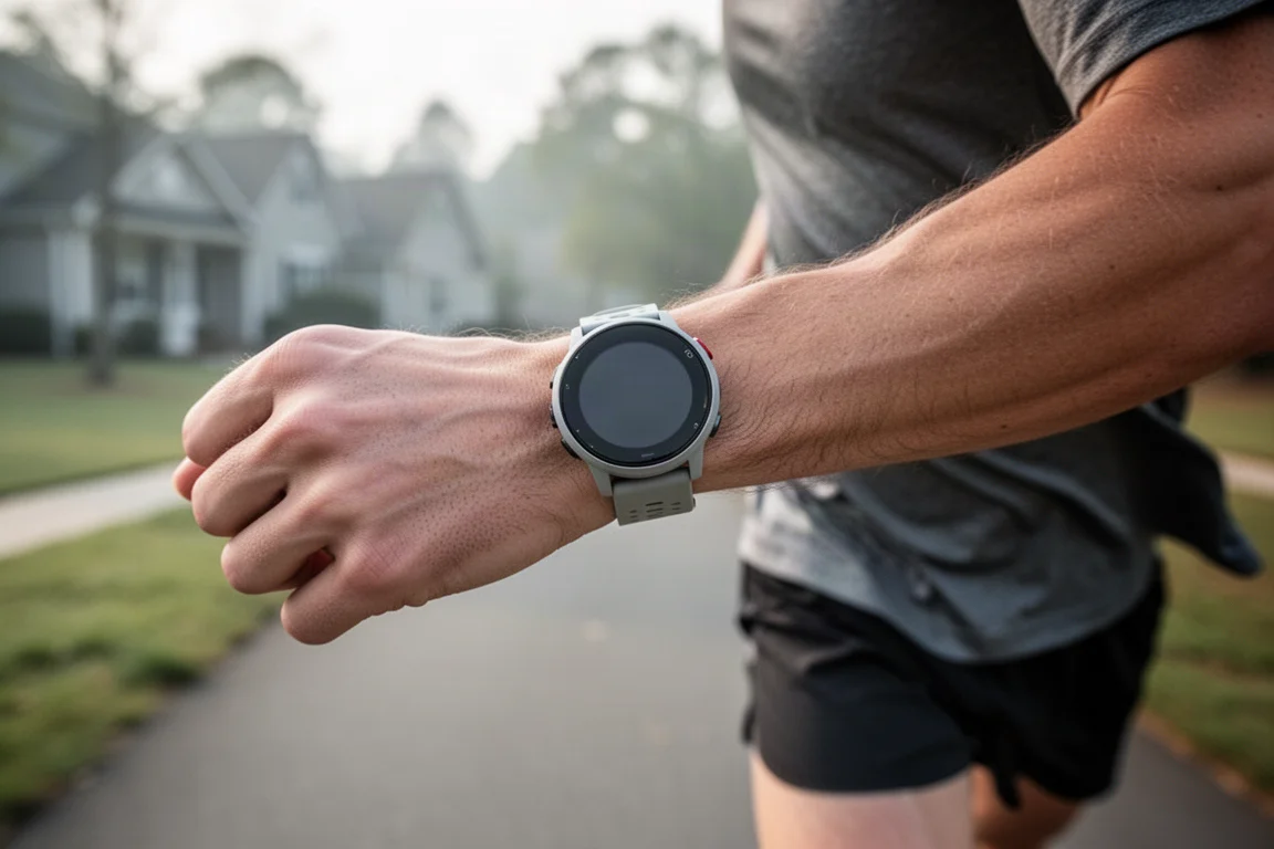 Polshorloge van een hardloper met een lichtgewicht GPS-sportwatch op een buurttrail