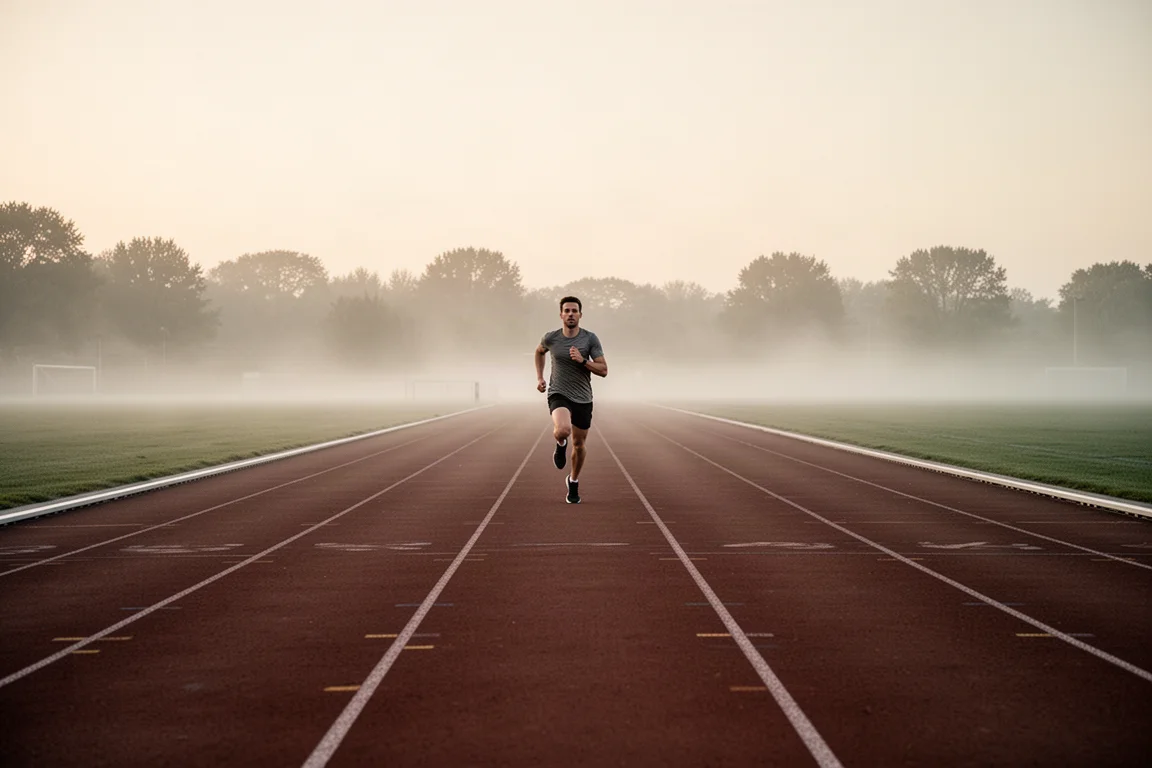 Gestructureerde intervaltraining weergegeven op een hardloopbaan bij zonsopgang