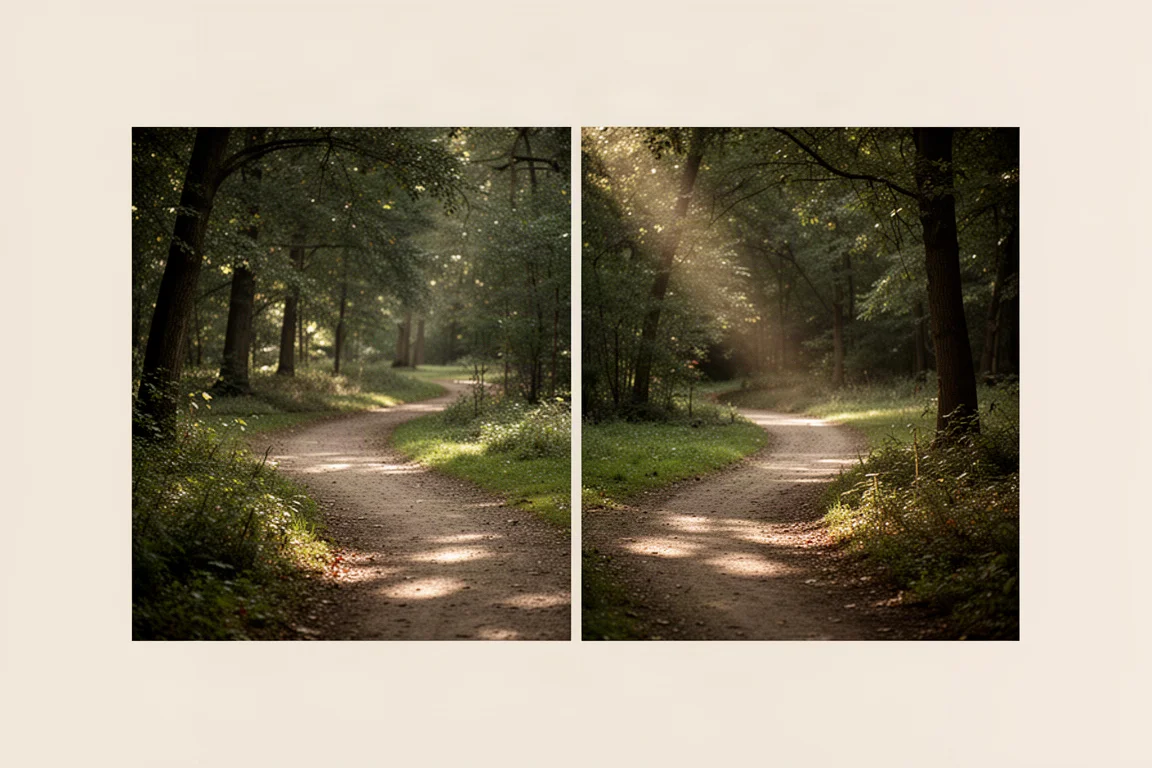 Kruispunt op een trail in een groen park met kronkelende paden die in twee richtingen uiteenlopen