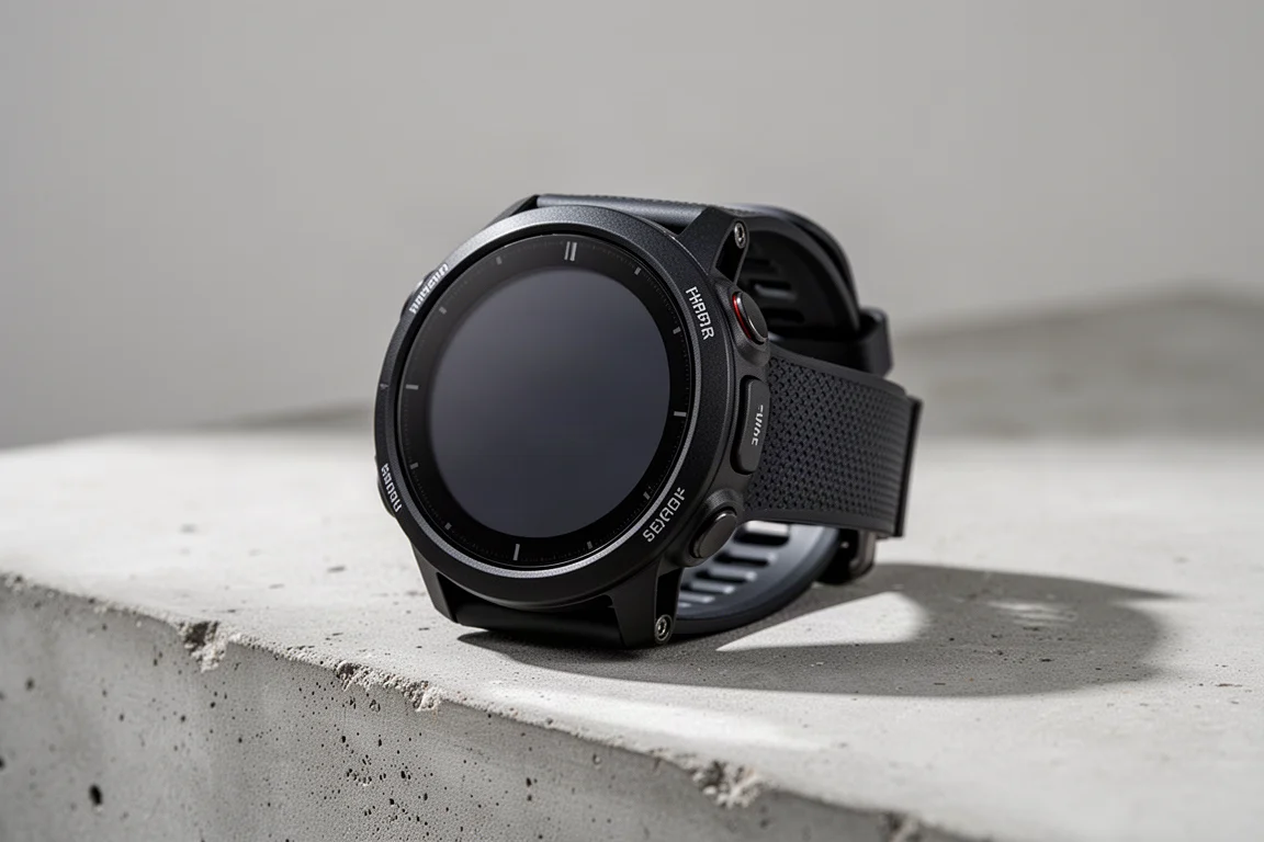 GPS running watch with round display and side buttons on a concrete surface
