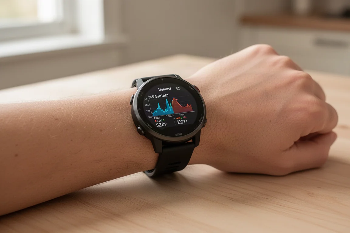 Atleta che controlla i dati di variabilità della frequenza cardiaca sullo smartwatch a tavola