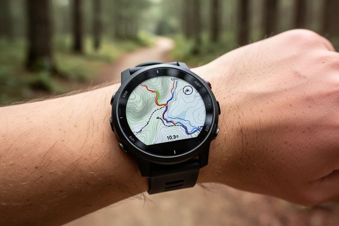 GPS 手錶觸控螢幕在戶外顯示導航地圖的特寫