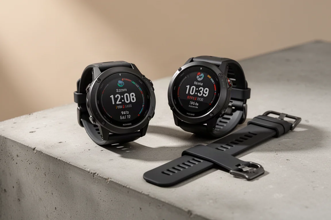 Two Garmin Forerunner GPS sports watches side by side on a concrete surface