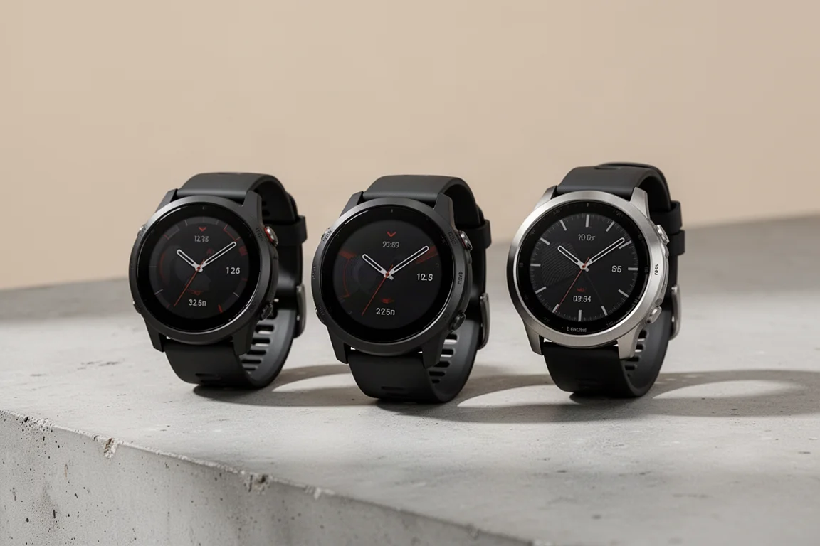 Three Garmin Forerunner running watches with AMOLED displays on a concrete surface