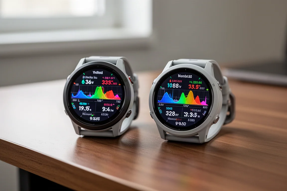 Dwa zegarki do biegania obok siebie z jasnymi ekranami AMOLED na drewnianym biurku
