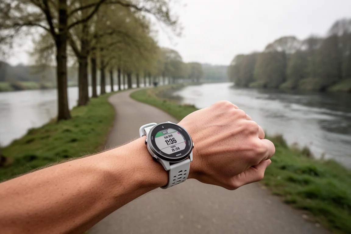 Biegacz biegnący krętą ścieżką nad rzeką z zegarkiem GPS na nadgarstku