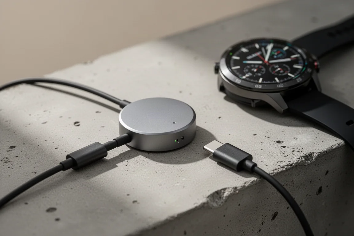 Kabel ładujący z czteropinową okrągłą wtyczką podłączony do portu USB-C