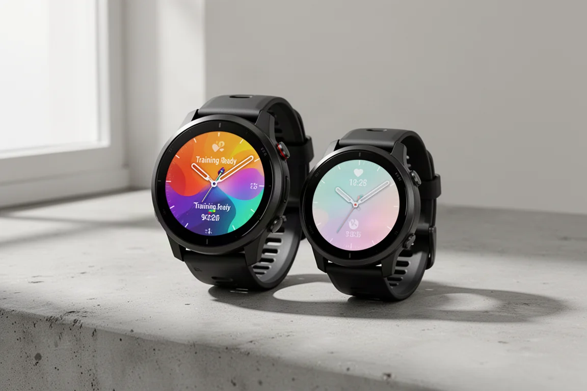 Two Garmin running watches with bright AMOLED displays side by side on concrete