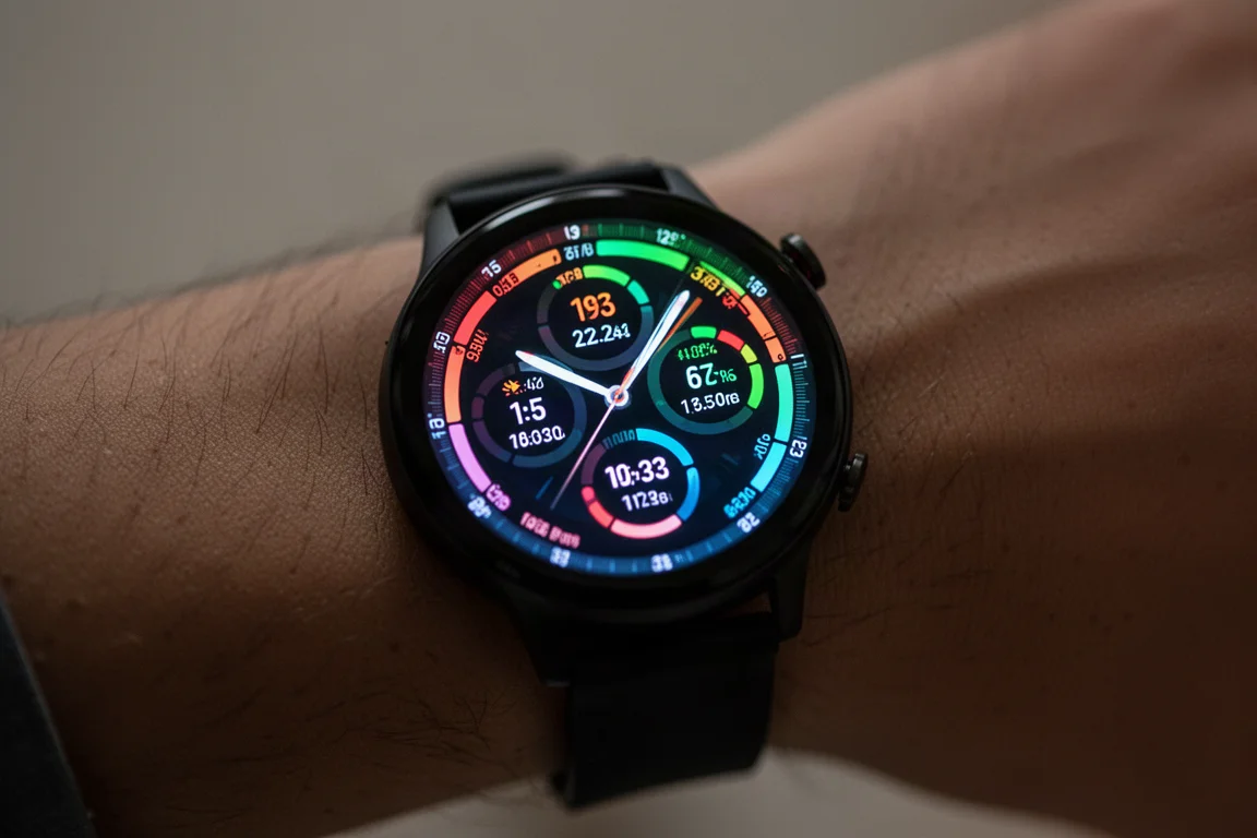 Close-up of a bright round AMOLED watch display on a wrist in dim light