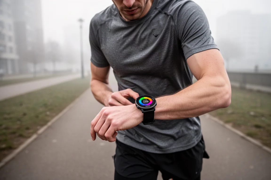 Runner checking a training readiness screen during a morning cooldown