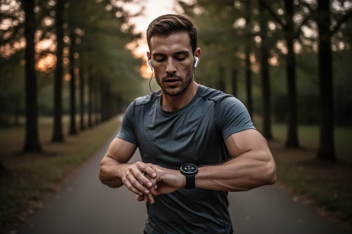 Runner starting a playlist from a GPS watch during an evening run