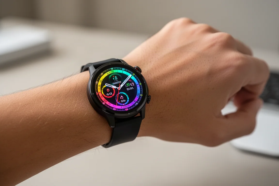 Un runner controlla lo schermo AMOLED luminoso dell'orologio su una strada soleggiata