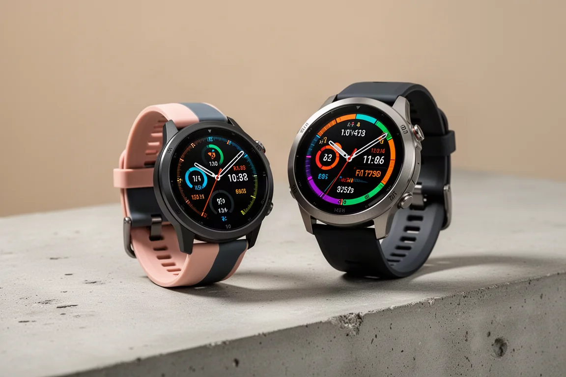 兩款 Garmin 運動手錶並排放置，AMOLED 顯示屏亮起