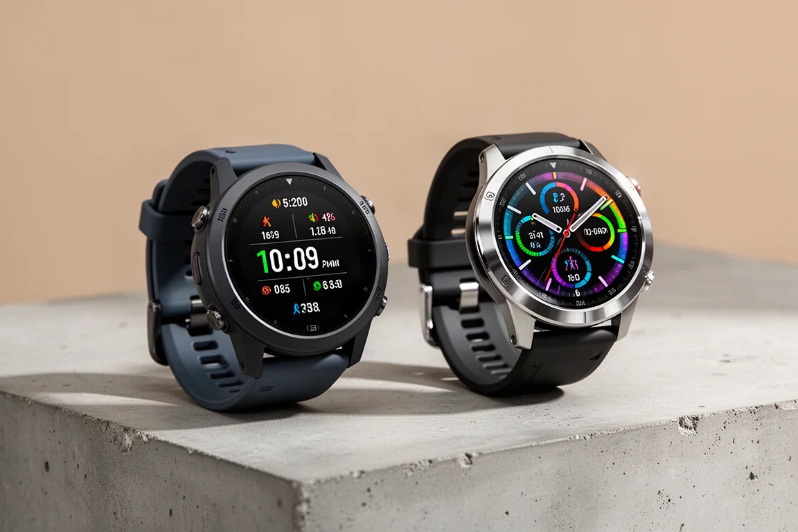 兩款配備 AMOLED 顯示屏的 Garmin 運動手錶並排放於混凝土表面上