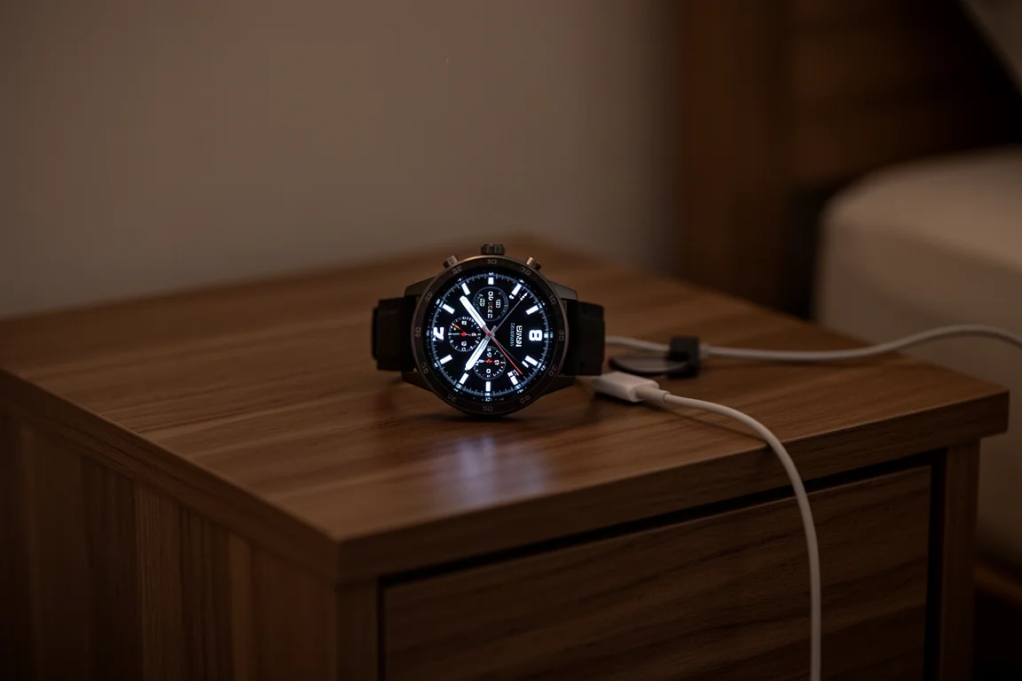 運動錶在夜晚的床頭櫃上充電,電量指示微微發光
