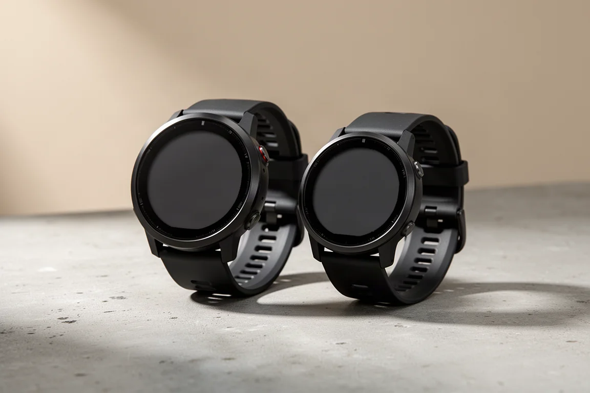 Garmin Forerunner 570 and 965 GPS sports watches side by side on a concrete surface