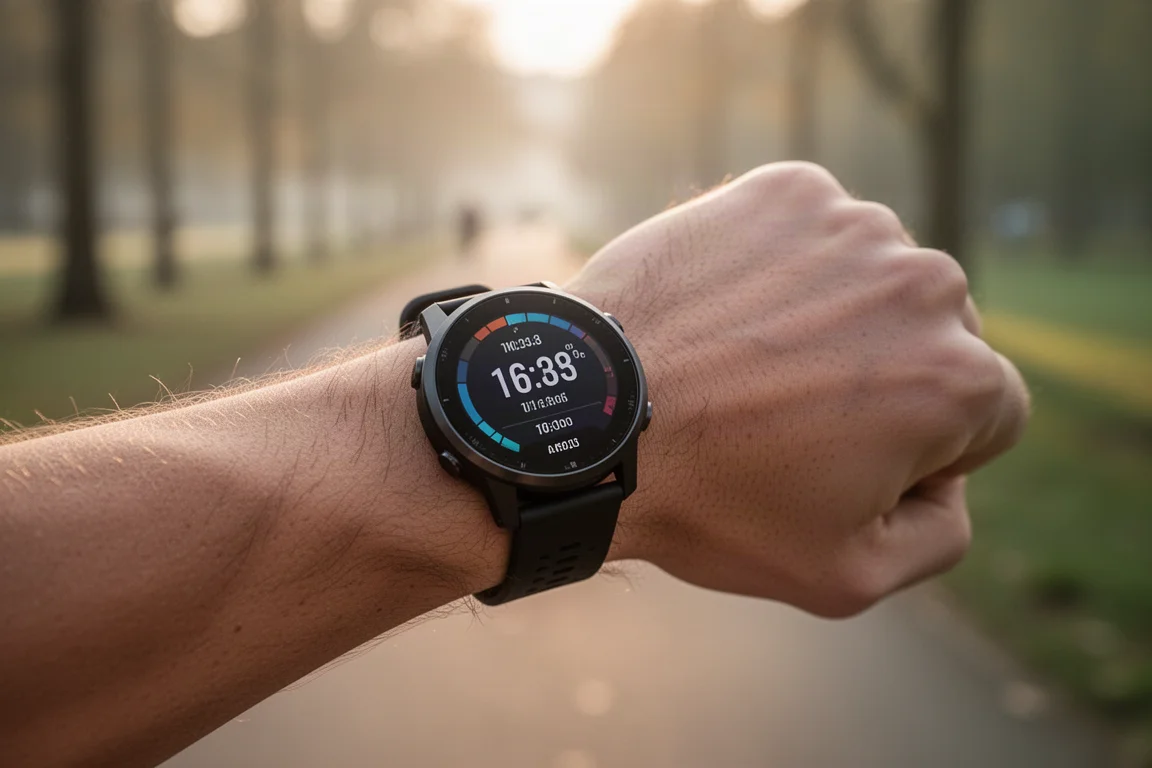 Biegacz sprawdza zegarek GPS podczas porannego treningu