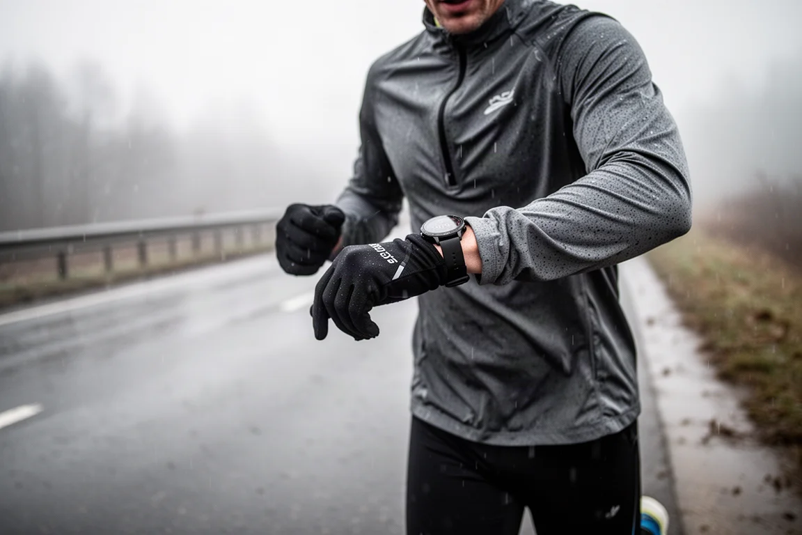 Biegacz kończy trening w zimnych, deszczowych warunkach