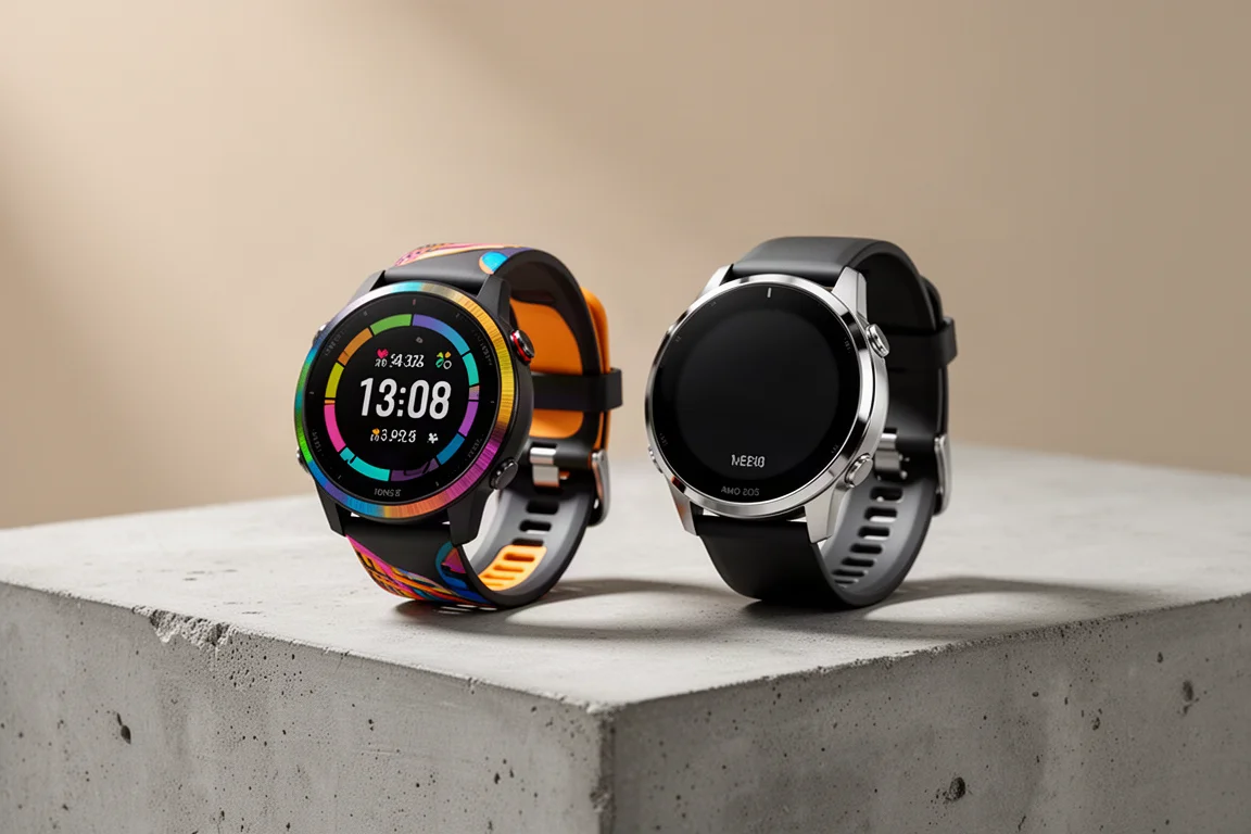 Two Garmin sports watches side by side on a concrete surface