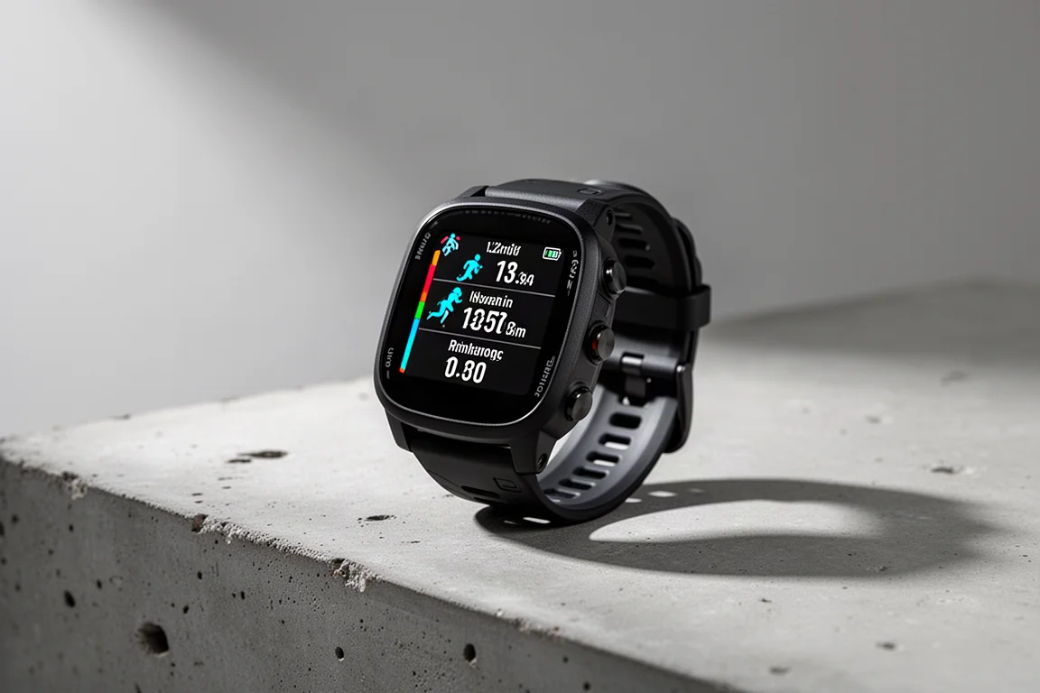 灰色水泥地面上一款具備五個按鈕的黑色小型 GPS 路跑錶