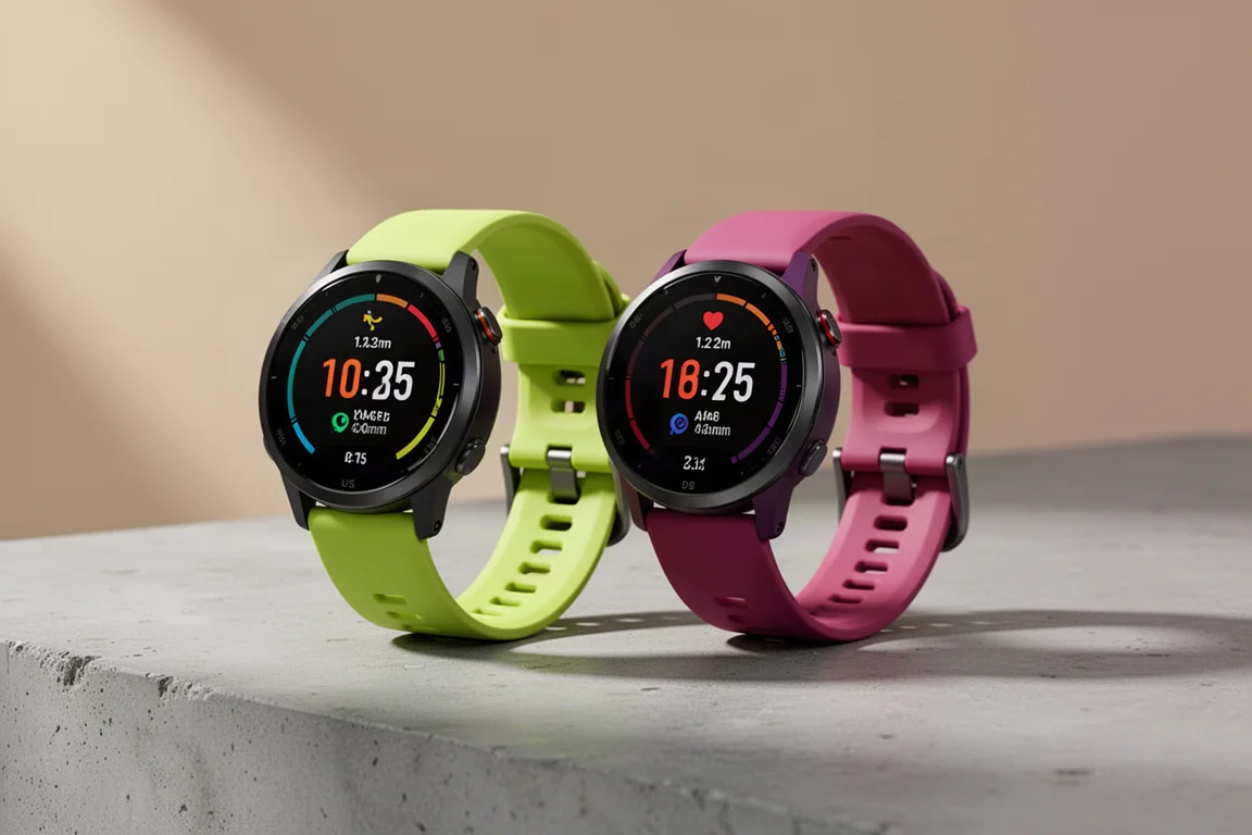 Zwei Garmin-GPS-Sportuhren mit Silikonbändern nebeneinander auf Beton