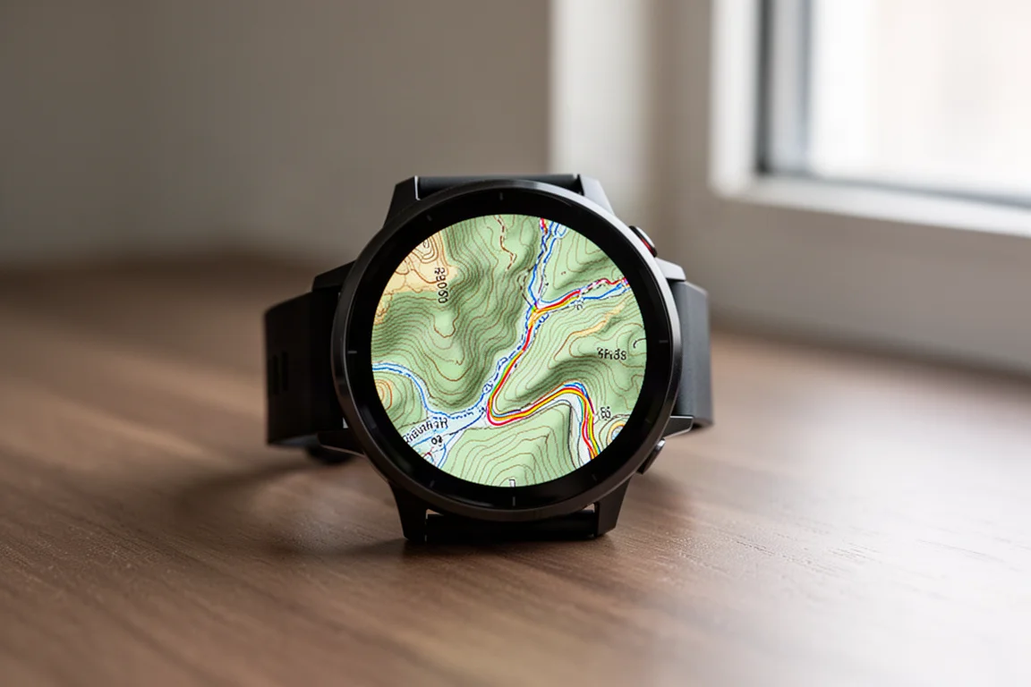 Close-up of a watch screen showing a detailed color map of a trail network