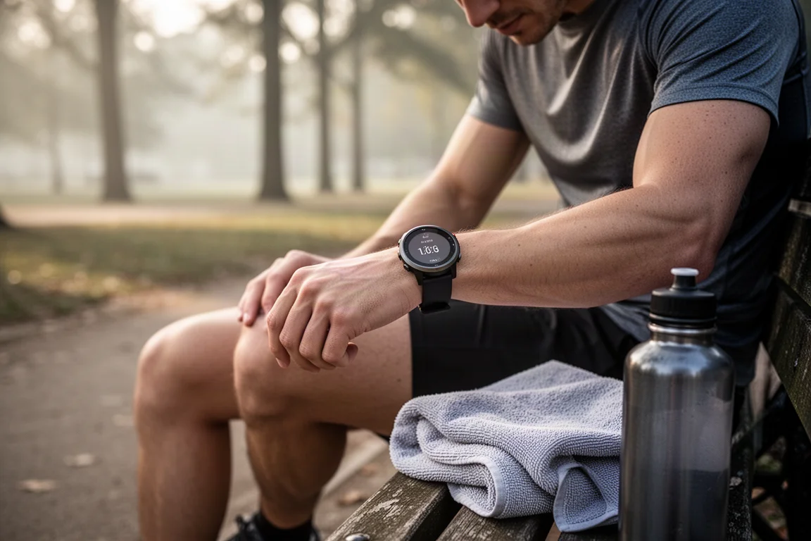 Athlete checking a training readiness style screen on a watch after a workout