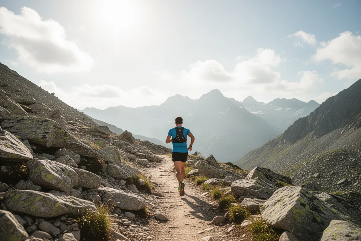 Trail runner in a mountain landscape under open bright sunlight