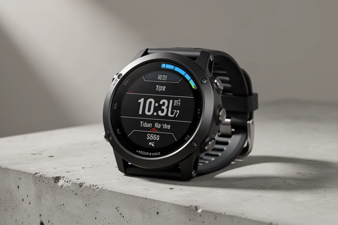 Zwei runde GPS-Laufuhren auf Beton, eine mit solarem Ring-Lünette