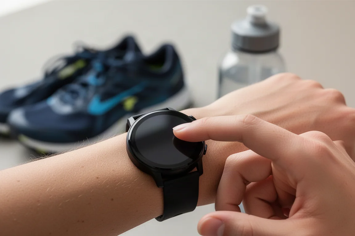 Närbild av en smartwatch-pekskärm som visar statistik under en löprunda