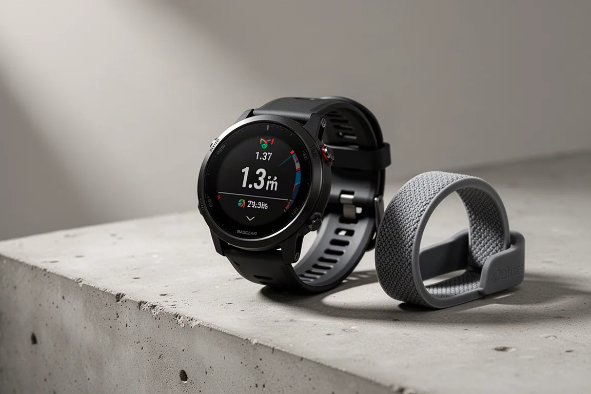 Black GPS running watch with round display and silicone strap on concrete surface