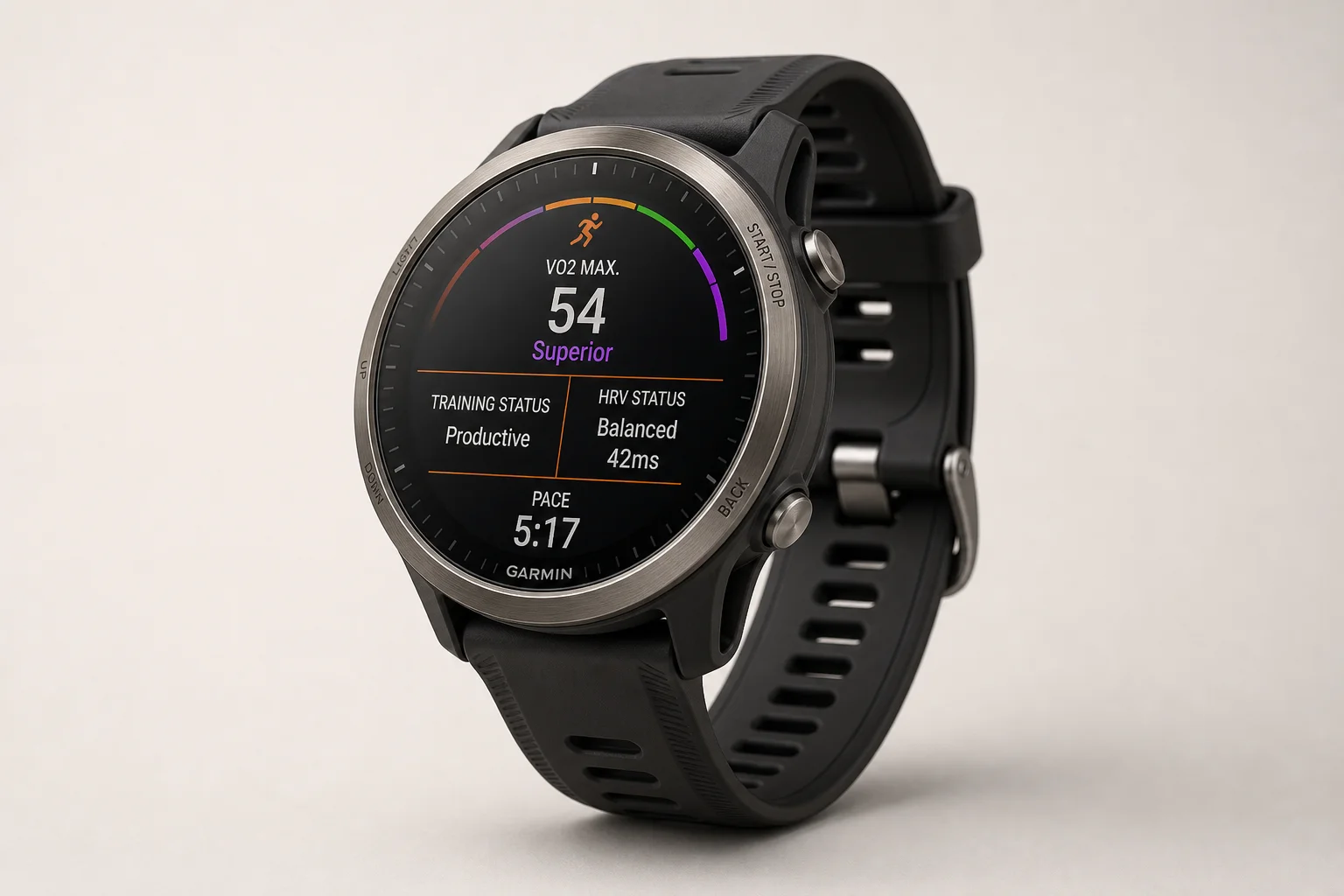 Sammlung von fünf Garmin Sportuhren auf einer Oberfläche aus gebürstetem Aluminium