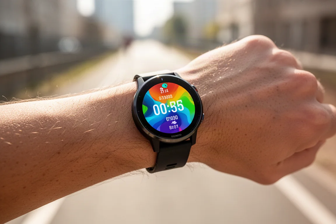 Läufer prüft ein helles AMOLED-Uhrdisplay bei direktem Sonnenlicht