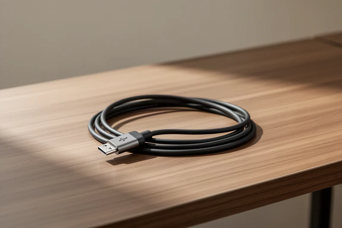 Ladekabel einer Sportuhr mit USB-C-Anschluss auf einem Holztisch
