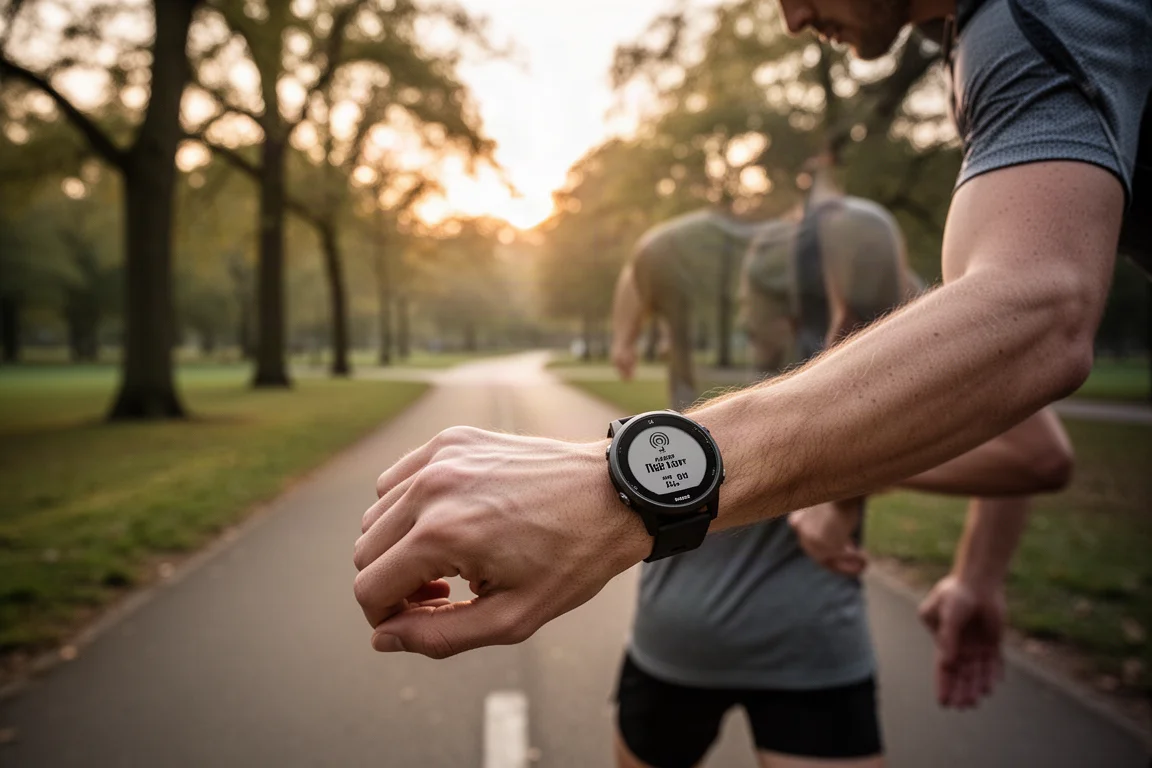 Läufer startet eine GPS-Aktivität auf der Uhr vor dem Morgentraining