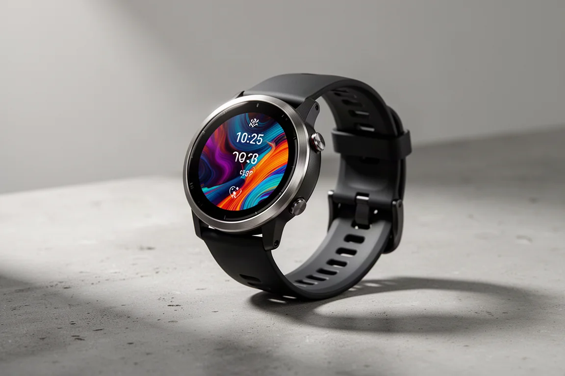 Premium GPS running watch with bright AMOLED display and titanium bezel on concrete