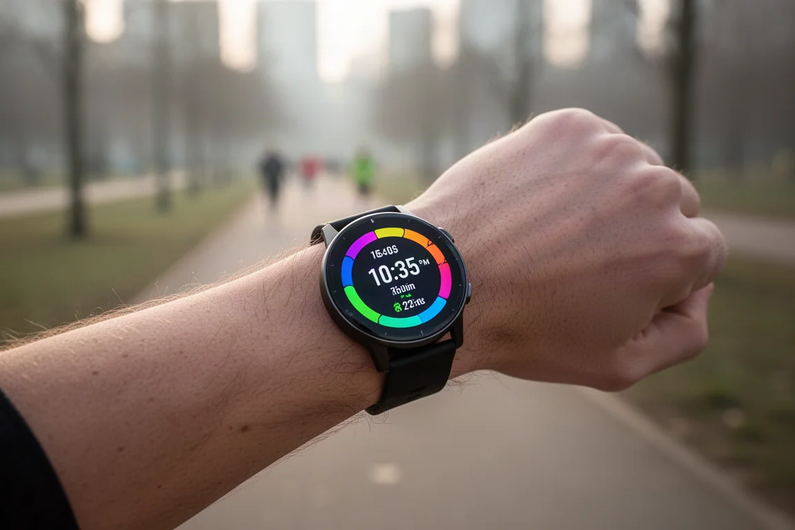 早朝のランニング中に明るい丸型のGPSウォッチの文字盤を確認するランナー
