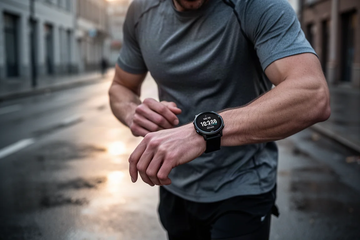 Corredor revisando un reloj deportivo durante una carrera a primera hora de la mañana