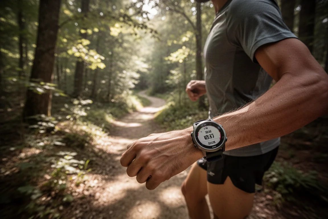 Corredor de trail navegando por un sendero forestal con un reloj GPS