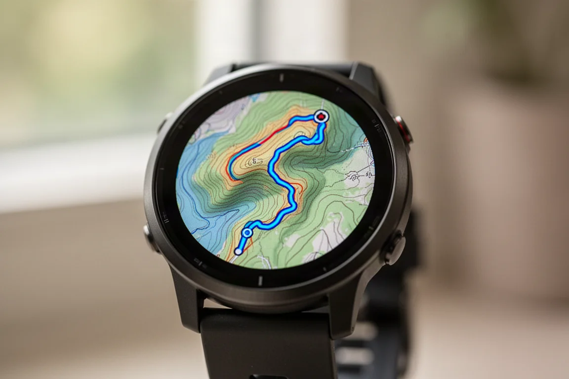 Primer plano de la pantalla de un reloj mostrando un mapa topográfico