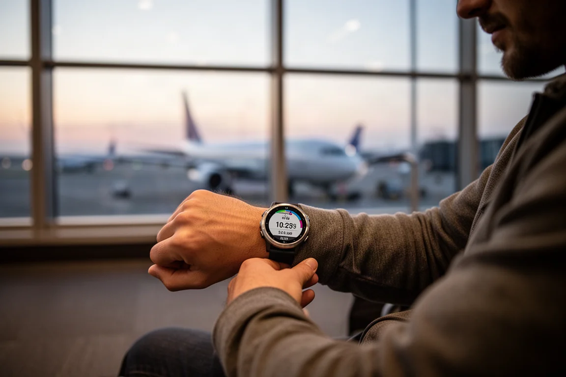 Viajero en la puerta de embarque de un aeropuerto consultando un reloj deportivo