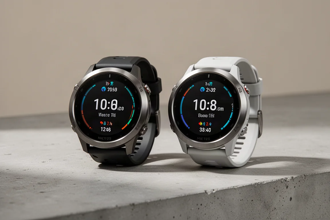 Zwei hochwertige runde GPS-Sportuhren im Garmin-Stil auf einer Betonoberfläche