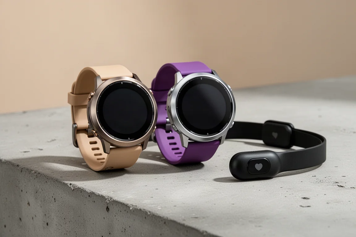 Two Garmin sport watches and a heart rate chest strap arranged on a concrete surface