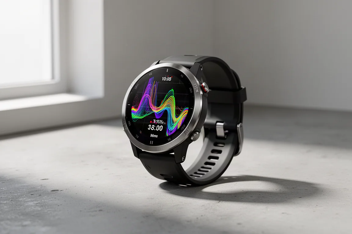 Premium round GPS running watch with titanium bezel on a concrete surface