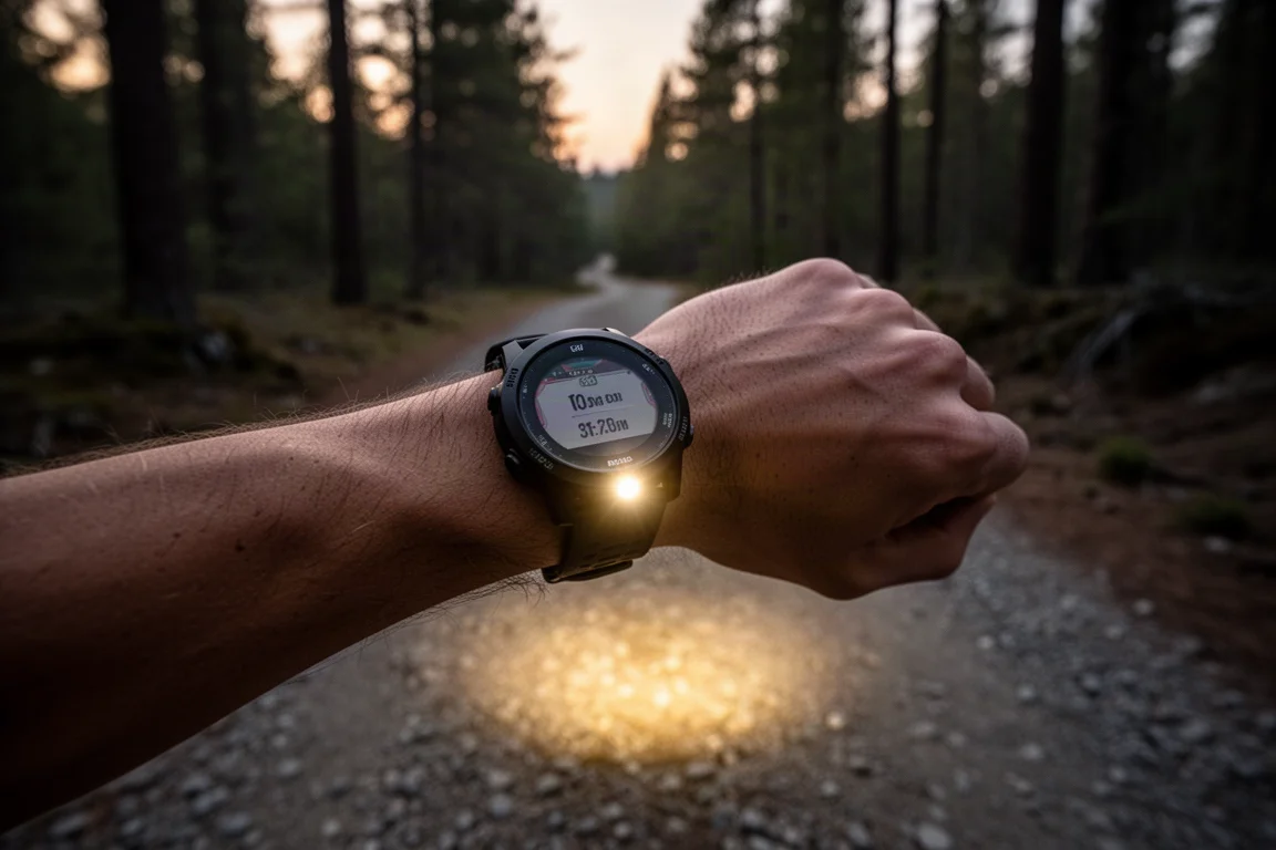 Trail-Läufer nutzt die Taschenlampe der Uhr in der Dämmerung auf einem Waldweg